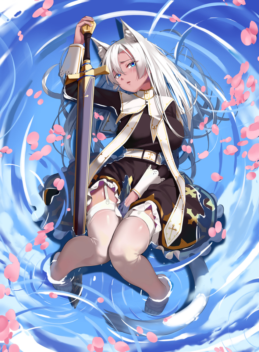 1girl animal_ear_fluff animal_ears aoi_(buzhuen444) black_dress blue_eyes breasts cat_ears cat_tail commentary_request covering covering_crotch dark_skin dark-skinned_female dress eyes_visible_through_hair feet full_body garter_straps highres holding holding_sword holding_weapon large_breasts legs long_hair long_sleeves lying no_shoes on_back original partially_submerged petals ripples sleeve_cuffs solo sword tail tan thigh-highs water weapon white_hair white_legwear