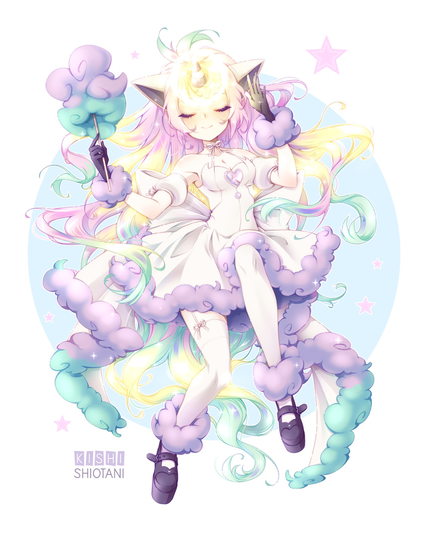 1girl animal_ears artist_name bare_shoulders blush closed_eyes closed_mouth commentary_request dress eyelashes full_body galarian_form galarian_ponyta gen_8_pokemon gloves highres holding horns kishishiotani looking_at_viewer personification pokemon purple_hair shoes single_horn smile solo star_(symbol) thigh-highs white_legwear