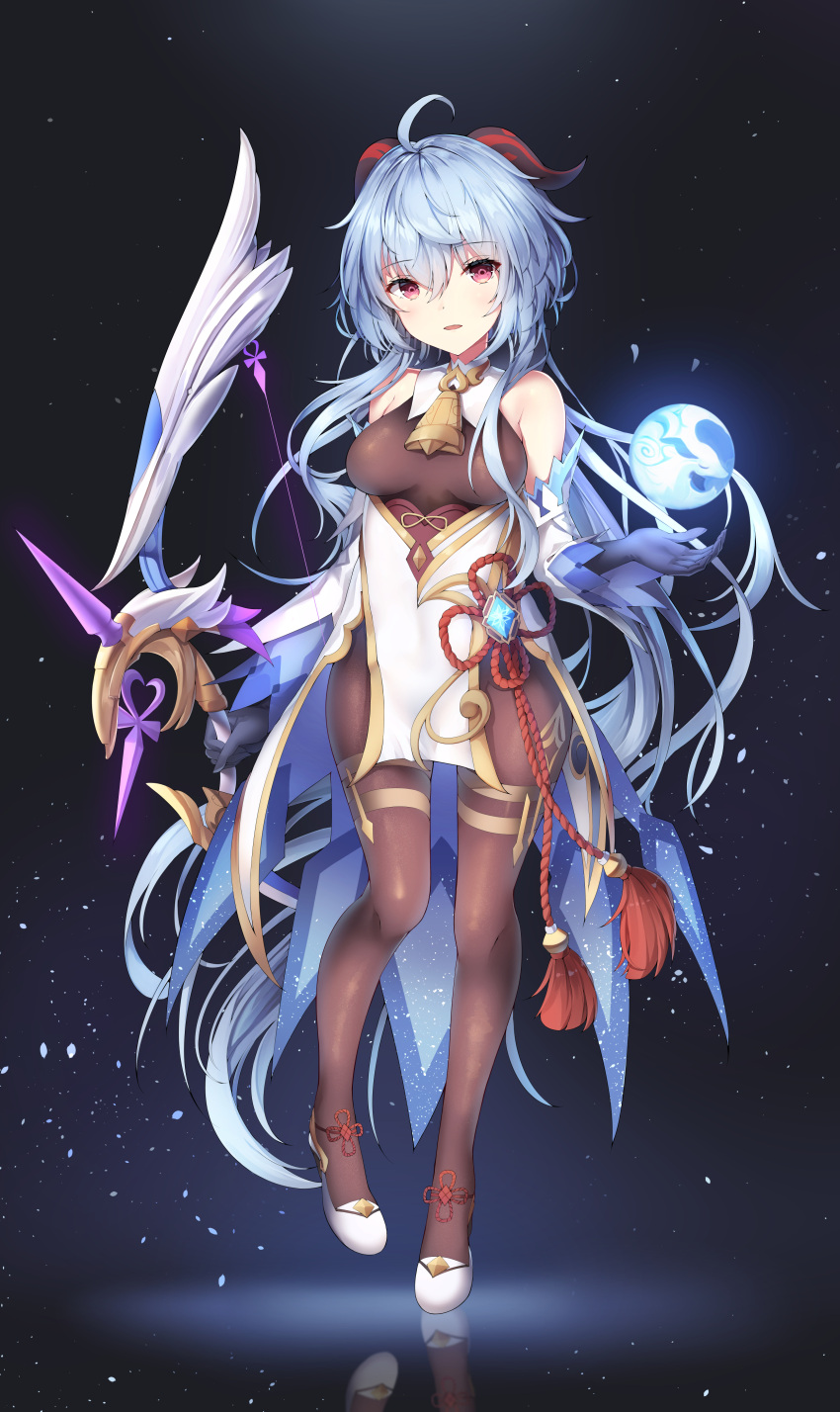 1girl absurdres ahoge bangs bare_shoulders bell black_gloves blue_hair bodysuit bow_(weapon) breasts brown_bodysuit commentary_request curled_horns detached_sleeves eyebrows_visible_through_hair full_body ganyu_(genshin_impact) genshin_impact gloves glowing hair_between_eyes highres holding holding_bow_(weapon) holding_weapon horns long_sleeves looking_at_viewer medium_breasts orb parted_lips red_eyes reflection shoes sob_(submar1089) solo standing standing_on_one_leg weapon white_footwear white_sleeves wide_sleeves