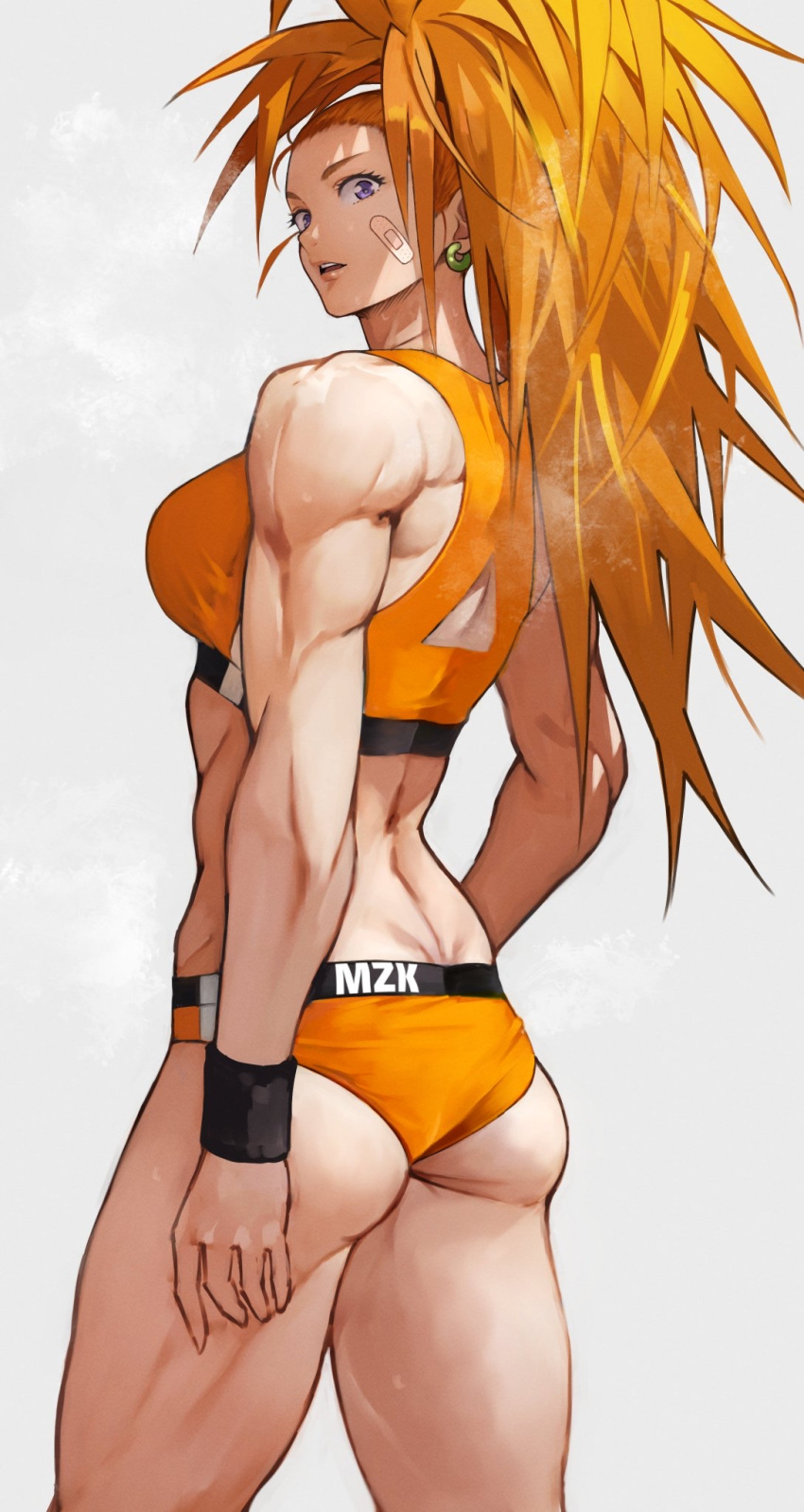 1girl ass bandaid bandaid_on_face breasts captain_mizuki clothes_writing earrings from_behind grey_background highres jewelry long_hair looking_at_viewer looking_back medium_breasts midriff muscular muscular_female one-punch_man open_mouth orange_hair ponytail simple_background solo standing teeth thighs violet_eyes yoshio_(55level)