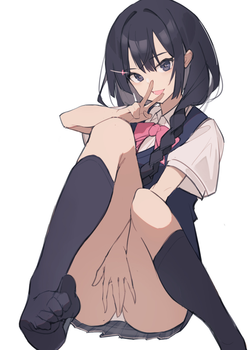 1girl :d absurdres bangs black_hair black_legwear blue_eyes blue_vest bow braid collared_shirt commentary_request covering covering_crotch eyebrows_visible_through_hair feet grey_skirt hair_ornament hairclip hand_up highres kkj25 long_hair looking_at_viewer nijisanji no_shoes open_mouth panties pink_bow pleated_skirt school_uniform shirt short_sleeves simple_background sitting skirt smile solo tsukino_mito underwear v vest virtual_youtuber white_background white_panties white_shirt