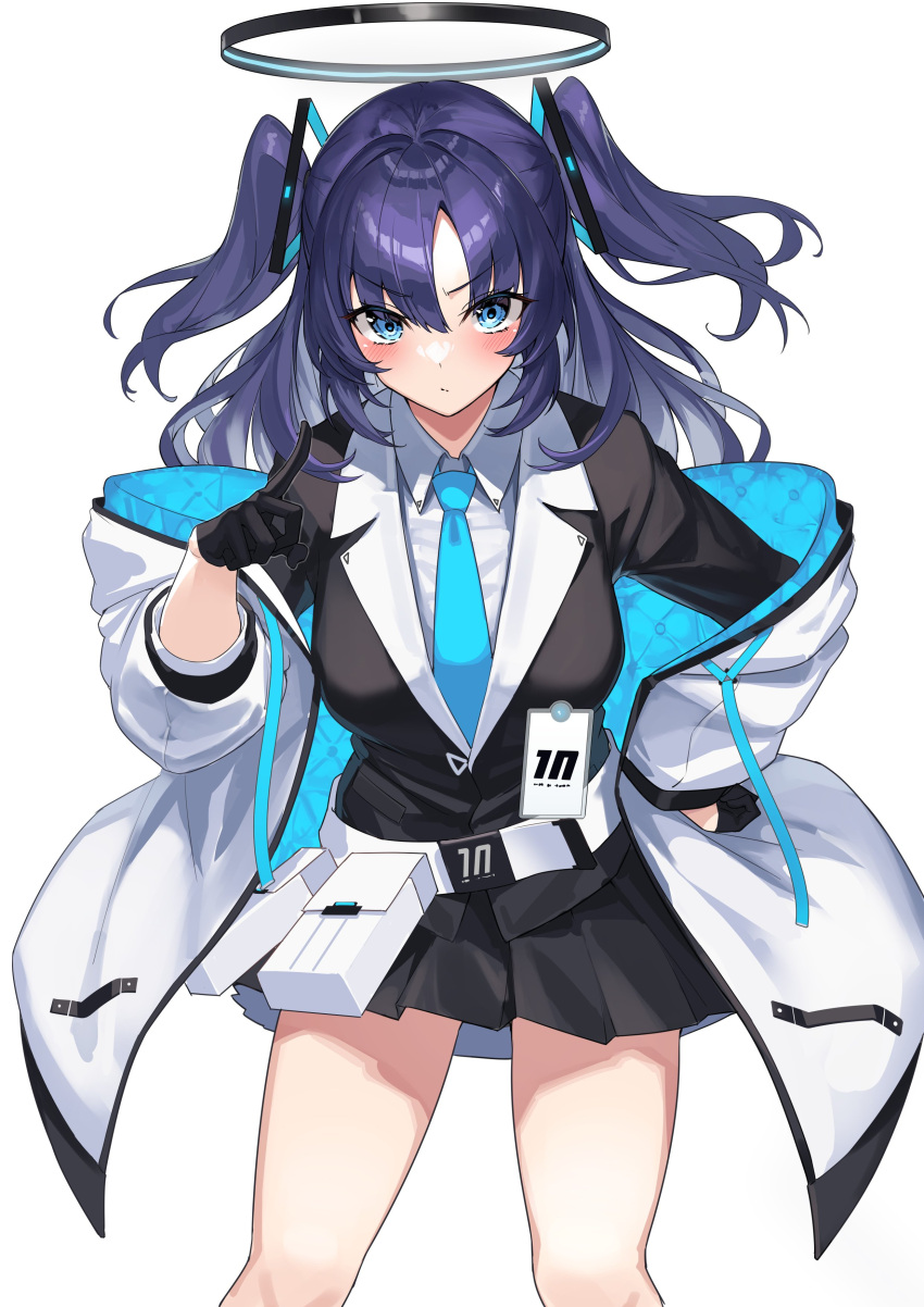 1girl absurdres bangs black_gloves black_skirt blue_archive blue_eyes blue_neckwear blush frown gloves hand_on_hip headgear highres jacket looking_at_viewer necktie open_clothes open_jacket purple_hair skirt twintails two-tone_jacket two_side_up yamanokami_eaka yuuka_(blue_archive)