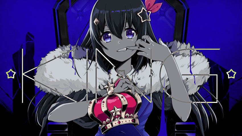 1girl bangs barbed_wire blue_background blue_eyes blue_theme chair coat commentary_request crown crown_removed english_text finger_to_mouth fur-trimmed_coat fur_trim grin hair_ornament hairclip highres holding holding_crown hololive king_(vocaloid) long_hair looking_at_viewer official_art second-party_source smile solo song_name teeth throne tokino_sora tsuuchan virtual_youtuber
