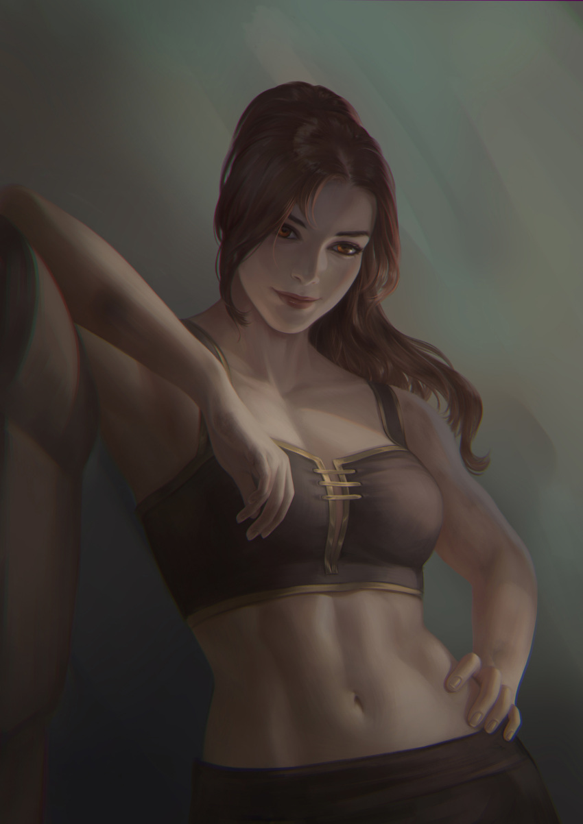 1girl absurdres bare_arms breasts brown_eyes brown_hair character_request copyright_request elbow_rest highres lips long_hair medium_breasts midriff navel realistic smile solo upper_body valentina_feshina warcraft