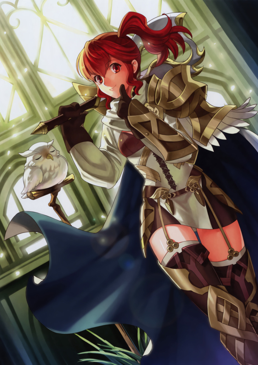 1girl absurdres anna_(fire_emblem) armor armored_dress axe belt bird capelet feh_(fire_emblem_heroes) fire_emblem fire_emblem_cipher fire_emblem_heroes garter_straps gloves gold_armor highres official_art over_shoulder owl ponytail red_eyes redhead thigh-highs weapon weapon_over_shoulder zettai_ryouiki