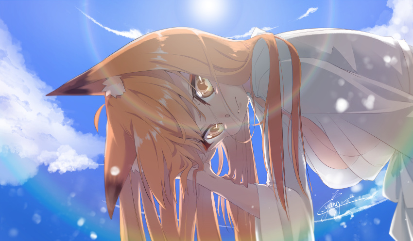 1girl above_clouds absurdres animal_ears bathrobe blonde_hair blue_sky blush breasts closed_mouth clouds cloudy_sky day eyebrows_visible_through_hair fox_ears fox_girl hair_between_eyes highres holding huge_filesize large_breasts long_hair looking_at_viewer moe2021 orange_eyes original outdoors overcast sky smile solo standing sun sunlight swimsuit white_bathrobe