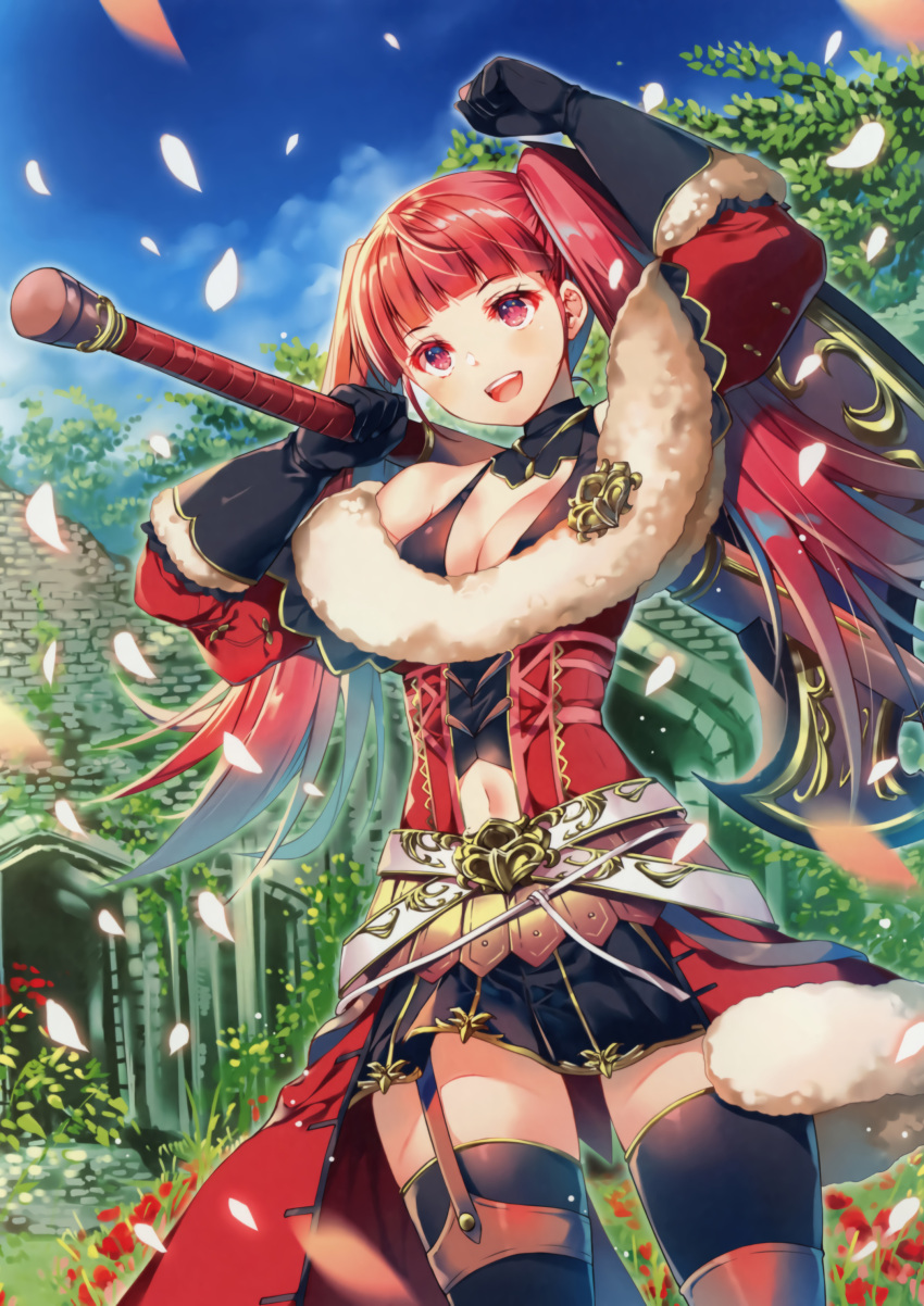 1girl absurdres axe belt fire_emblem fire_emblem:_three_houses fire_emblem_cipher fur_trim garter_straps gloves highres hilda_valentine_goneril miwabe_sakura official_art over_shoulder petals pink_hair skirt thigh-highs twintails weapon weapon_over_shoulder zettai_ryouiki