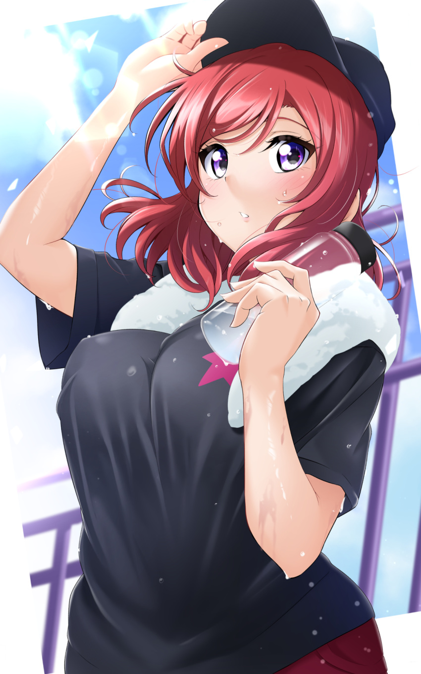 1girl arm_up bangs black_headwear black_shirt blue_sky blush breasts day hand_up hat highres holding kirisaki_reina lens_flare love_live! love_live!_school_idol_project medium_hair nishikino_maki outdoors parted_lips redhead shirt short_sleeves sky solo star_(symbol) star_print sweat swept_bangs towel towel_around_neck upper_body violet_eyes white_towel