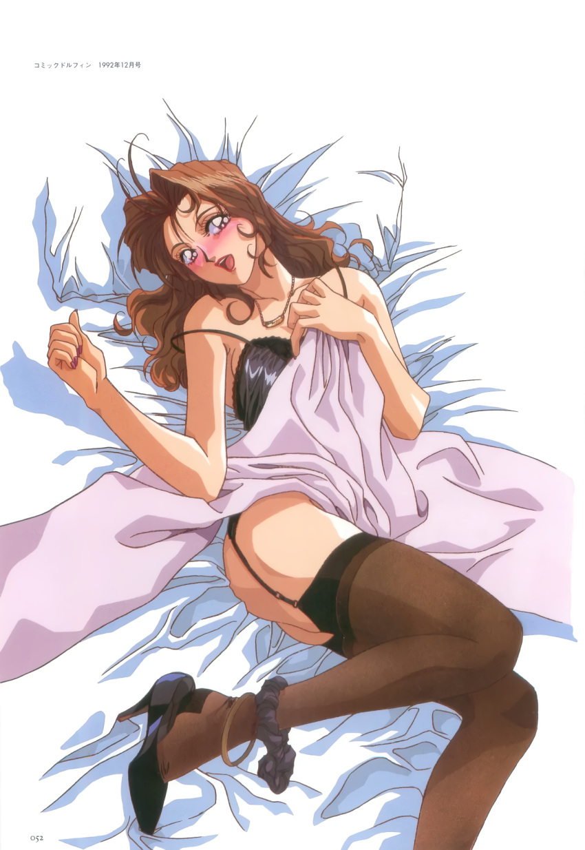 1990s_(style) 1girl anklet bed_sheet black_footwear blush brown_eyes brown_hair dated garter_straps high_heels highres jewelry lingerie long_hair lying necklace on_back open_mouth original panties panties_around_one_leg pumps retro_artstyle shoe_dangle solo strap_slip thigh-highs umetsu_yukinori underwear