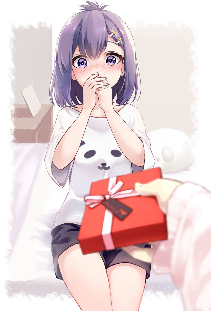 1girl absurdres bangs black_shorts blurry blurry_foreground blush box breasts commentary_request covering_mouth depth_of_field eyebrows_behind_hair gabriel_dropout gift gift_box hair_between_eyes hair_ornament hairclip hands_up highres holding holding_gift long_sleeves nose_blush on_bed out_of_frame purple_hair sazanka shirt short_shorts short_sleeves shorts sitting sitting_on_bed sleeves_past_wrists small_breasts solo_focus surprised tsukinose_vignette_april violet_eyes white_shirt wide_sleeves x_hair_ornament