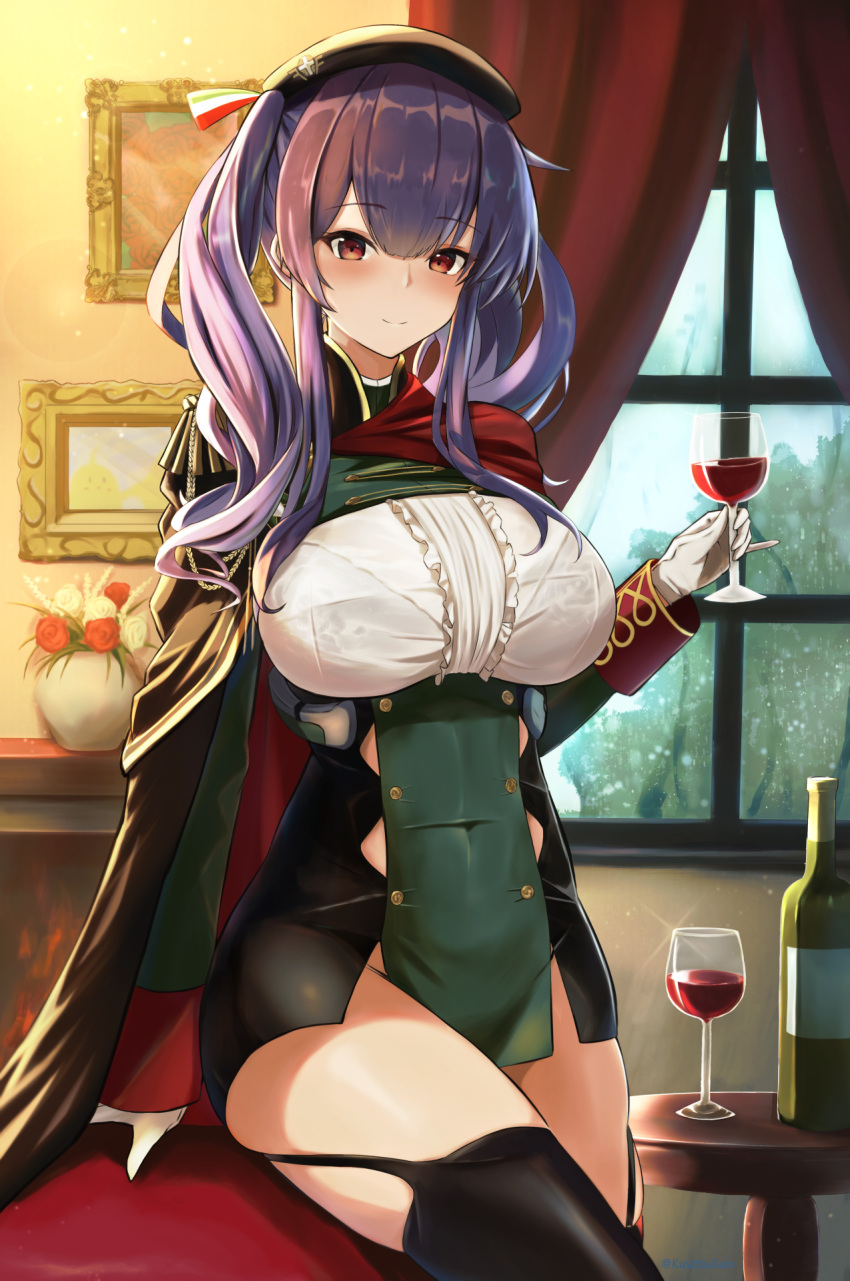 1girl amano_kusatsu arm_up azur_lane bangs beret black_headwear bottle breasts cape commentary_request covered_navel cup curtains dress drinking_glass eyebrows_visible_through_hair flower gloves hair_between_eyes hat highres holding holding_cup indoors large_breasts long_hair long_sleeves looking_at_viewer pelvic_curtain picture_frame pola_(azur_lane) purple_hair red_eyes sitting skindentation smile solo table thigh-highs twintails vase white_gloves window wine_bottle wine_glass