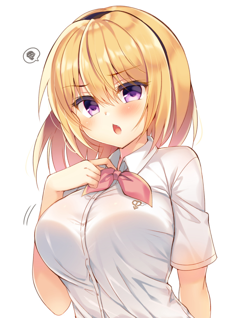 1girl bangs black_hairband blonde_hair blush breasts chestnut_mouth collared_shirt commentary_request dress_shirt eyebrows_visible_through_hair fang hair_between_eyes hairband hand_up highres higurashi_no_naku_koro_ni houjou_satoko large_breasts looking_at_viewer open_mouth pink_neckwear shirt short_sleeves simple_background solo spoken_squiggle squiggle suzunone_rena upper_body violet_eyes white_background white_shirt