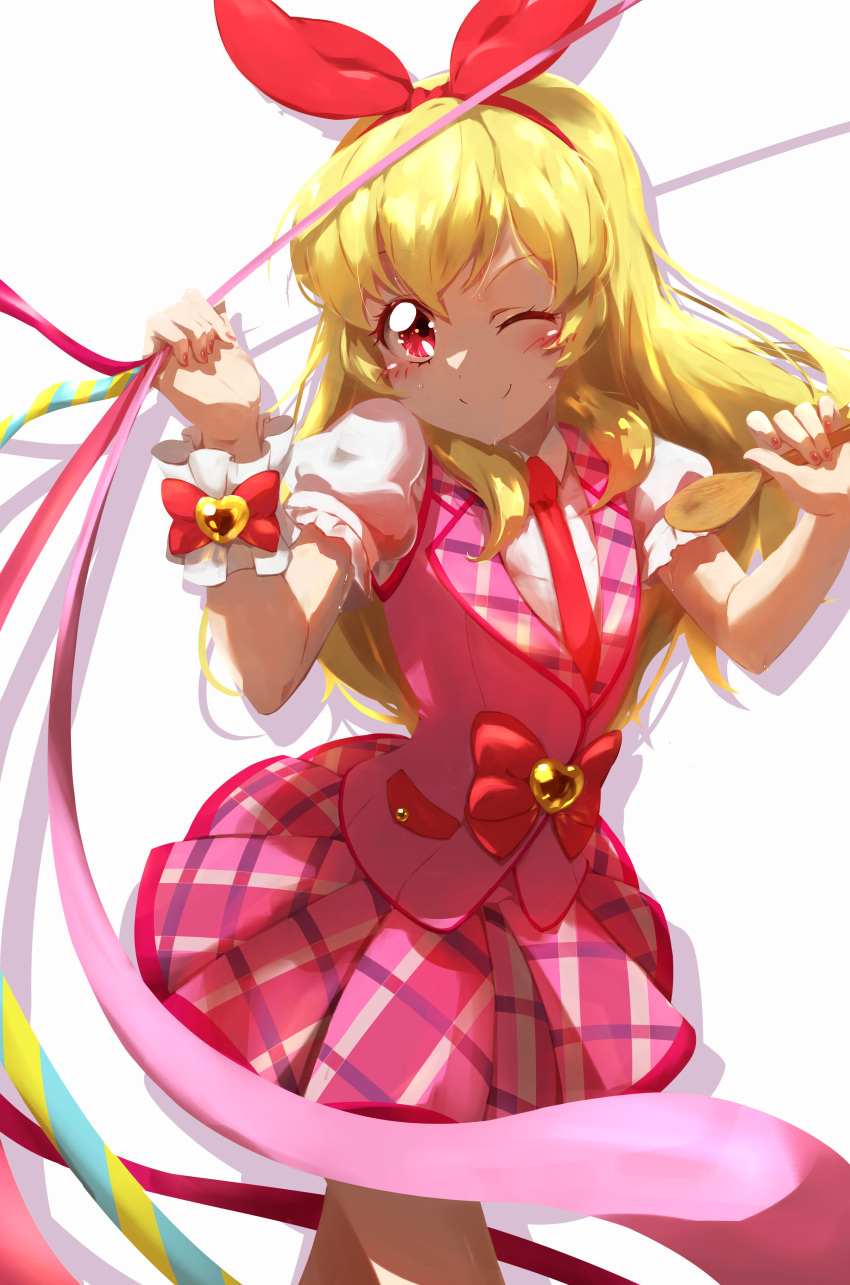 1girl ;) absurdres aikatsu! aikatsu!_(series) blonde_hair blush bow collared_shirt cowboy_shot eyebrows_visible_through_hair hair_between_eyes hair_bow hairband heart highres holding holding_ribbon hoshimiya_ichigo idol layered_skirt long_hair looking_at_viewer miniskirt multicolored multicolored_clothes multicolored_skirt nail_polish necktie one_eye_closed pink_nails pink_skirt pink_vest plaid plaid_collar plaid_skirt plaid_vest puffy_short_sleeves puffy_sleeves purple_skirt red_bow red_eyes red_hairband red_neckwear ribbon shirt short_sleeves simple_background single_wrist_cuff skirt smile solo sweat taiyaki29 vest white_background white_shirt wooden_spoon wrist_bow wrist_cuffs