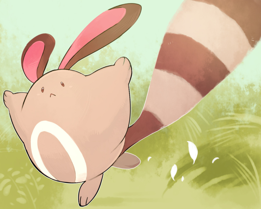 :&lt; brown_eyes closed_mouth commentary_request donnpati gen_2_pokemon leaves_in_wind no_humans outdoors outstretched_arms paws pokemon pokemon_(creature) sentret solo toes