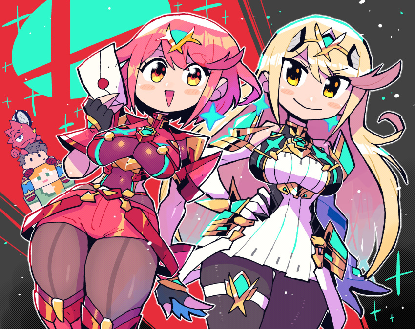 3girls absurdres alex_(minecraft) animal_crossing arm_at_side blonde_hair chibi fingerless_gloves gloves hand_on_hip highres legwear_under_shorts letter looking_at_viewer minecraft multiple_girls mythra_(xenoblade) panties pantyhose pink_hair pyra_(xenoblade) rariatto_(ganguri) rex_(xenoblade) short_shorts shorts smash_invitation smile super_smash_bros. thigh-highs tiara underwear xenoblade_chronicles_(series) xenoblade_chronicles_2