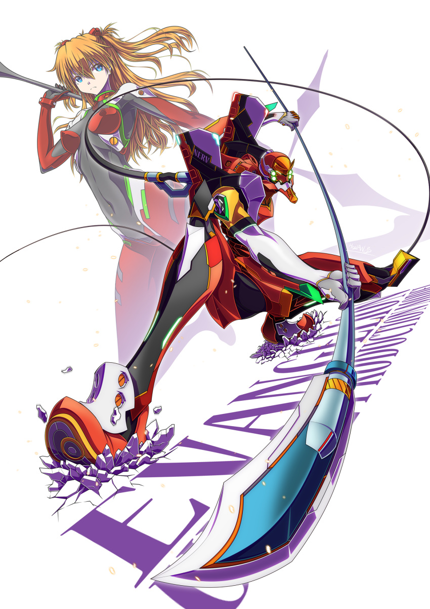 1girl blue_eyes character_name covered_navel covered_nipples eva_02 extra_eyes eyebrows_behind_hair frown green_eyes ground_shatter heyzan highres holding holding_lance holding_polearm holding_weapon lance long_hair looking_to_the_side mecha neon_genesis_evangelion orange_hair pilot_suit plugsuit polearm rebuild_of_evangelion science_fiction shikinami_asuka_langley skin_tight souryuu_asuka_langley squatting two_side_up v-shaped_eyebrows weapon white_background wire