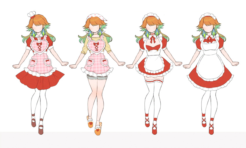 1girl alternate_costume apron bangs chef_hat chino_machiko clenched_hands dress enmaided faceless faceless_female hat hololive hololive_english kfp maid maid_apron official_art orange_hair production_art red_dress slippers takanashi_kiara thigh-highs variations virtual_youtuber white_background