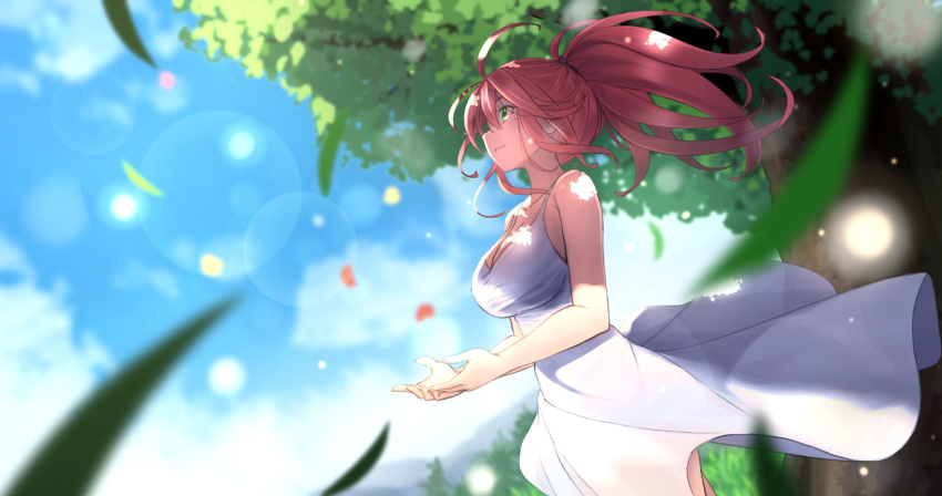 1girl floating_hair from_side grass green_eyes highres kay_yu leaf leaves_in_wind lens_flare looking_up open_hands original parted_lips pink-haired_girl_(kay_yu) pink_hair ponytail smile solo tied_hair tree