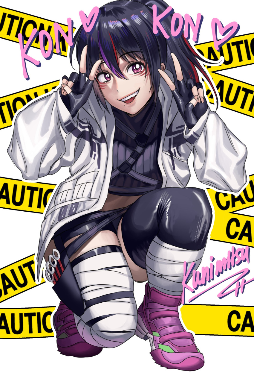 1girl absurdres bandaged_leg bandages bike_shorts black_hair casual caution_tape character_name crop_top double_v english_commentary fang flat_chest full_body hair_between_eyes hanny_(uirusu_chan) highres holster hood hoodie kunai kunimitsu_ii lips long_hair looking_at_viewer mole mole_under_mouth multicolored_hair namco open_clothes open_hoodie ponytail purple_footwear shoes smile sneakers solo squatting streaked_hair tekken tekken_7 thigh-highs thigh_holster upper_teeth v violet_eyes weapon whisker_markings white_hoodie