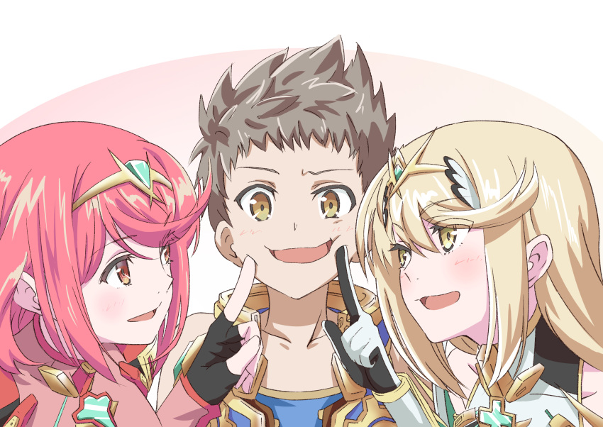 1boy 2girls bangs bare_legs bare_shoulders blonde_hair blush breasts chest_jewel cleavage_cutout clothing_cutout dress earrings eyebrows_visible_through_hair fingerless_gloves gem gloves hair_ornament headpiece highres jewelry kageyasu large_breasts long_hair mythra_(xenoblade) pyra_(xenoblade) red_eyes redhead rex_(xenoblade) short_dress short_hair simple_background smile super_smash_bros. swept_bangs tiara very_long_hair white_dress white_gloves xenoblade_chronicles_(series) xenoblade_chronicles_2 yellow_eyes