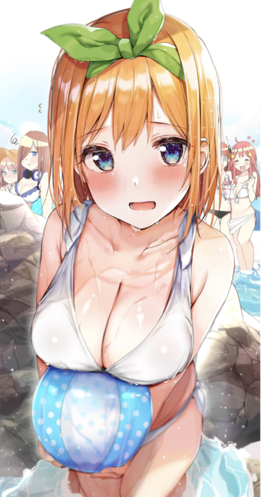 5girls :t ball bikini blue_eyes blush breasts collarbone commentary_request food go-toubun_no_hanayome green_hairband hair_ornament hairband hat headphones headphones_around_neck highres holding holding_ball ice_cream large_breasts long_hair looking_at_viewer multiple_girls nakano_ichika nakano_itsuki nakano_miku nakano_nino nakano_yotsuba open_mouth orange_hair pink_hair pout quintuplets rouka_(akatyann) short_hair siblings side-tie_bikini sisters standing star_(symbol) star_hair_ornament straw_hat swimsuit water wet white_bikini