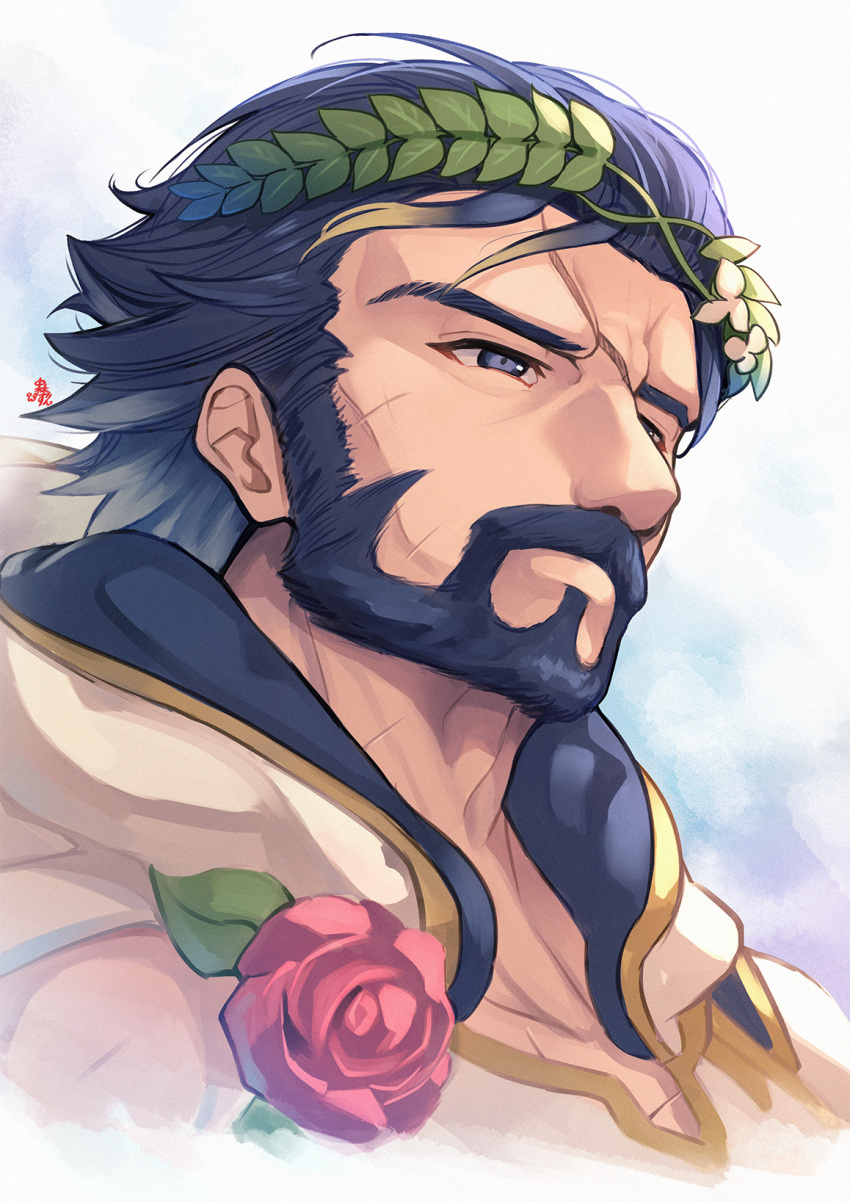 1boy artist_name bare_shoulders beard blonde_hair blue_eyes blue_hair collarbone commentary_request facial_hair fire_emblem fire_emblem_heroes flower gradient_hair gustav_(fire_emblem) half-closed_eyes highres hood laurel_crown male_focus multicolored_hair mustache nakabayashi_zun red_flower red_rose rose scar scar_on_face signature simple_background sleeveless solo thick_eyebrows upper_body white_background white_flower