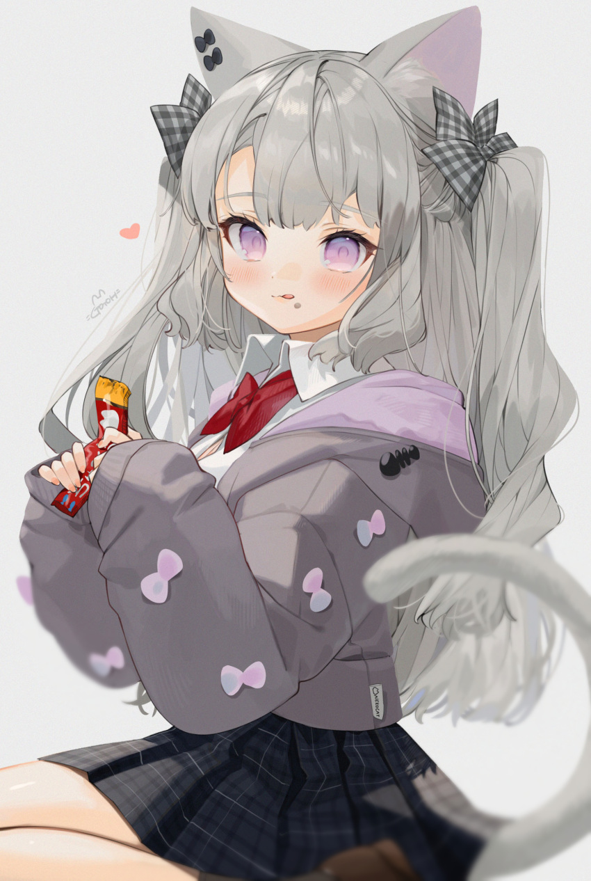 1girl absurdres animal_ear_fluff animal_ears bangs black_legwear black_skirt blurry blurry_foreground blush bow brown_footwear cat_ears cat_girl cat_tail collared_shirt commentary_request depth_of_field dress_shirt eyebrows_visible_through_hair food food_on_face gotoh510 grey_background grey_bow grey_hair grey_jacket hair_bow heart highres holding hood hood_down hooded_jacket jacket licking_lips long_hair long_sleeves original personification plaid plaid_bow plaid_skirt pleated_skirt puffy_long_sleeves puffy_sleeves red_bow shirt shoes signature simple_background sitting skirt sleeves_past_wrists socks solo tail tail_raised tongue tongue_out two_side_up very_long_hair violet_eyes wariza white_shirt