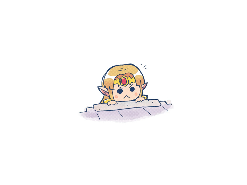 1girl :&lt; bangs black_eyes blonde_hair blush_stickers chibi circlet closed_mouth halftone highres notice_lines parted_bangs peeking_out pointy_ears princess_zelda rariatto_(ganguri) simple_background solo super_smash_bros. symbol_commentary the_legend_of_zelda upper_body v-shaped_eyebrows white_background