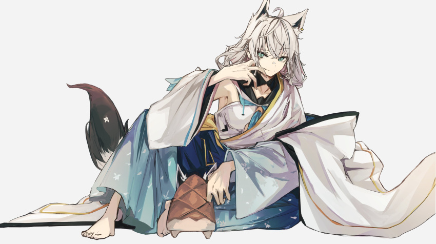 1girl absurdres adapted_costume ahoge animal_ears armpit_peek barefoot blue_eyes blue_neckwear breasts closed_mouth commentary detached_sleeves ear_piercing eyebrows_visible_through_hair fox_ears fox_tail full_body grey_background hair_between_eyes hakama_pants highres hololive long_hair looking_at_viewer medium_breasts oruyanke_(shirakami_fubuki) pentagram piercing shirakami_fubuki silver_hair simple_background sitting smile solo tail tsumeki virtual_youtuber white_robe