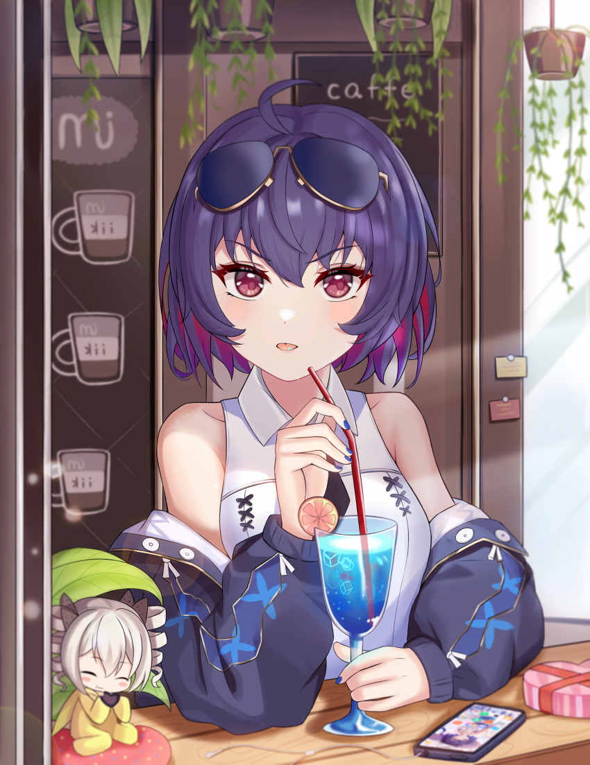 2girls absurdres ahoge bare_shoulders bendy_straw black_jacket blue_nails box breasts bronya_zaychik brown-framed_eyewear cellphone chibi collared_shirt commentary_request cup drill_hair drink drinking_glass drinking_straw eyewear_on_head grey_hair heart-shaped_box highres honkai_(series) honkai_impact_3rd ice ice_cube jacket long_sleeves looking_at_viewer medium_breasts minigirl multicolored_hair multiple_girls nail_polish off_shoulder open_clothes open_jacket phone puffy_long_sleeves puffy_sleeves purple_hair seele_vollerei shirt sleeveless sleeveless_shirt solo_focus streaked_hair sunglasses taw_(993004677) tongue tongue_out twin_drills twintails upper_body white_shirt