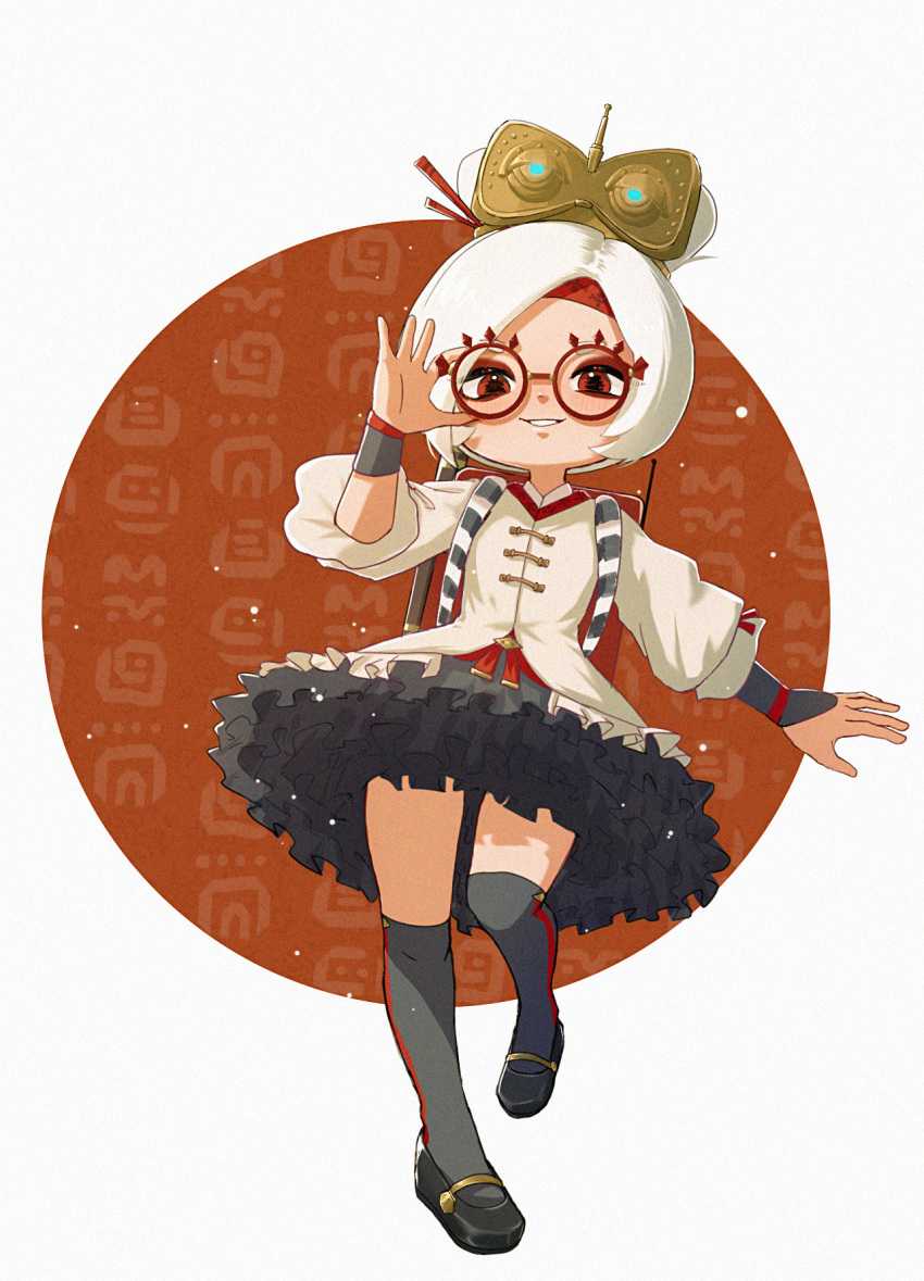 1girl adjusting_eyewear amuku backpack bag black_footwear black_legwear black_skirt blush commentary english_commentary flat_chest frilled_skirt frills full_body grin hair_ornament hair_stick hand_up happy headband headgear highres hylian_(language) layered_skirt leg_up looking_at_viewer over-kneehighs purah randoseru red-framed_eyewear red_background red_eyes red_headband shirt shoes short_hair short_sleeves simple_background skirt smile solo standing standing_on_one_leg teeth the_legend_of_zelda the_legend_of_zelda:_breath_of_the_wild thigh-highs thighs topknot two-tone_background vambraces white_background white_hair white_shirt