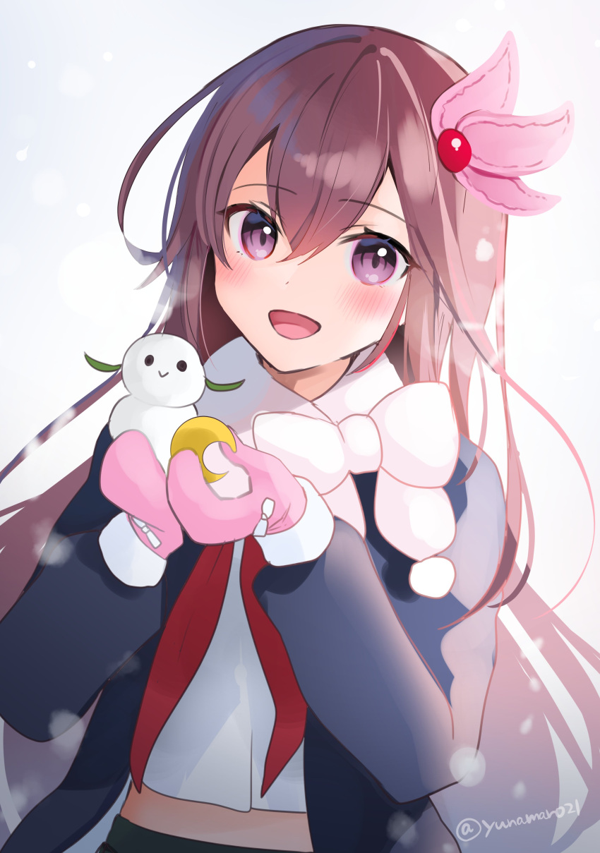 1girl absurdres black_coat brown_hair coat commentary_request highres kantai_collection kisaragi_(kancolle) long_hair looking_at_viewer pink_mittens red_neckwear scarf school_uniform serafuku simple_background smile snowman solo upper_body violet_eyes white_background white_scarf yunamaro