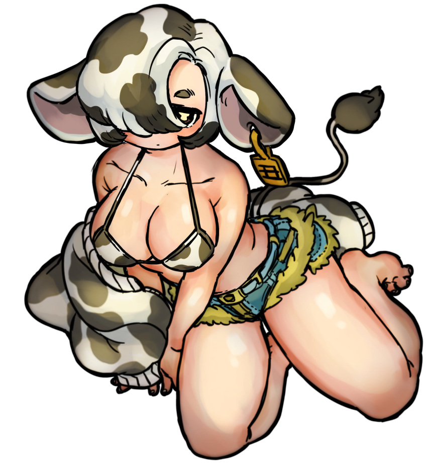 1girl animal_ears animal_print bare_arms bare_legs bare_shoulders bikini bikini_shorts bikini_top blue_shorts breasts bright_pupils brown_eyes closed_mouth cow_ears cow_girl cow_print cow_tail ear_tag earrings fingernails full_body hair_over_one_eye highres jacket jewelry large_breasts looking_at_viewer medium_hair micro_shorts off_shoulder one_eye_covered original shima_(wansyon144) shorts simple_background sitting solo swimsuit tail toenails white_background white_pupils yokozuwari