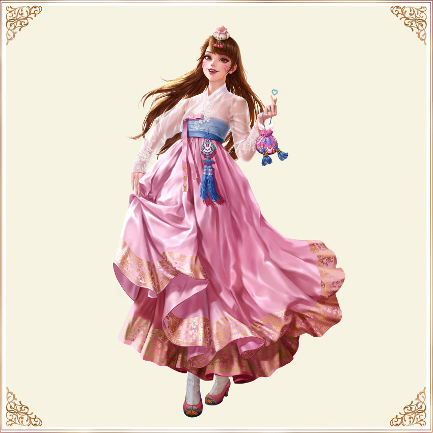 1girl absurdres bag bangs brown_eyes brown_hair d.va_(overwatch) dospi dress facepaint facial_mark full_body hair_ornament hanbok heart highres korean_clothes long_hair long_sleeves looking_at_viewer nose overwatch pink_dress pink_lips see-through see-through_sleeves sidelocks skirt_hold solo standing tassel traditional_clothes whisker_markings