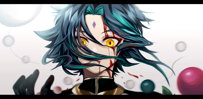 1boy bangs bead_necklace beads black_gloves black_hair blood blood_from_mouth blood_on_face closed_mouth diamond-shaped_pupils diamond_(shape) facial_mark forehead_mark genshin_impact gloves green_hair highres jewelry long_hair looking_at_viewer male_focus multicolored_hair necklace parted_bangs rvve simple_background slit_pupils solo symbol-shaped_pupils white_background wide-eyed xiao_(genshin_impact) yellow_eyes