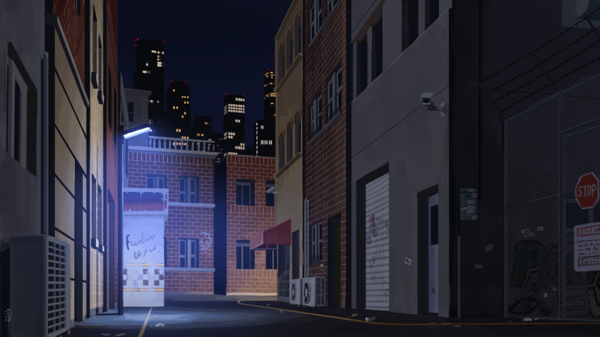 air_conditioner alley building cityscape commentary_request door english_text fence highres house lamppost light night night_sky no_humans original road road_sign scenery security_camera sign signature sky skyscraper stop_sign tateyuki window