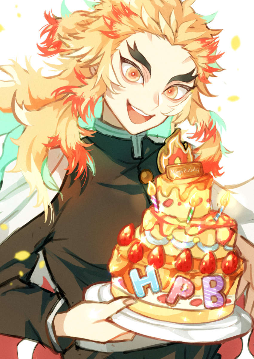 1boy :d absurdres blonde_hair cake candle cape english_text eriario fire food fruit hair_intakes happy_birthday highres holding holding_plate huge_filesize icing kimetsu_no_yaiba male_focus multicolored multicolored_eyes open_mouth orange_eyes orange_hair plate rengoku_kyoujurou simple_background smile solo strawberry teeth thick_eyebrows tsurime white_background white_cape yellow_eyes