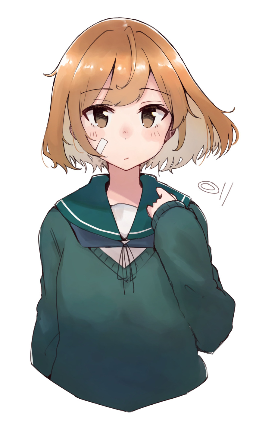 1girl absurdres bandaid bandaid_on_face blush brown_eyes closed_mouth cropped_torso green_sailor_collar highres kantai_collection light_brown_hair long_sleeves looking_at_viewer ma_rukan oboro_(kancolle) sailor_collar school_uniform serafuku short_hair signature simple_background solo white_background