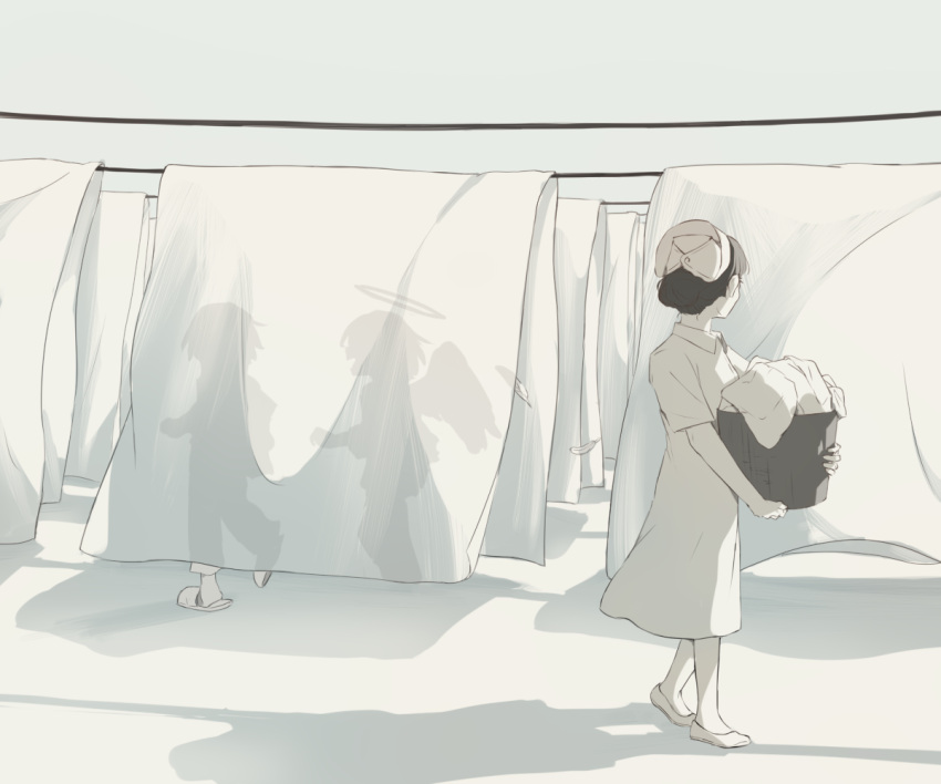 1boy 1girl angel angel_wings avogado6 blanket commentary_request different_shadow feathers from_side halo hat laundry laundry_basket nurse nurse_cap original running see-through_silhouette shadow shoes short_sleeves slippers solo_focus wings