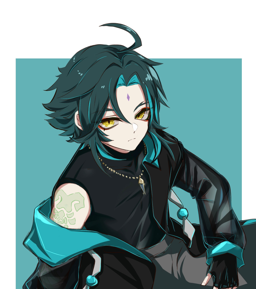1boy ahoge arm_tattoo bangs bare_shoulders black_gloves black_hair blue_background closed_mouth eyebrows_visible_through_hair facial_mark fingerless_gloves forehead_mark genshin_impact gloves green_hair highres jacket jacket_removed jewelry long_hair long_sleeves looking_at_viewer male_focus multicolored_hair necklace parted_bangs rvve simple_background sleeveless slit_pupils solo tattoo white_background xiao_(genshin_impact) yellow_eyes