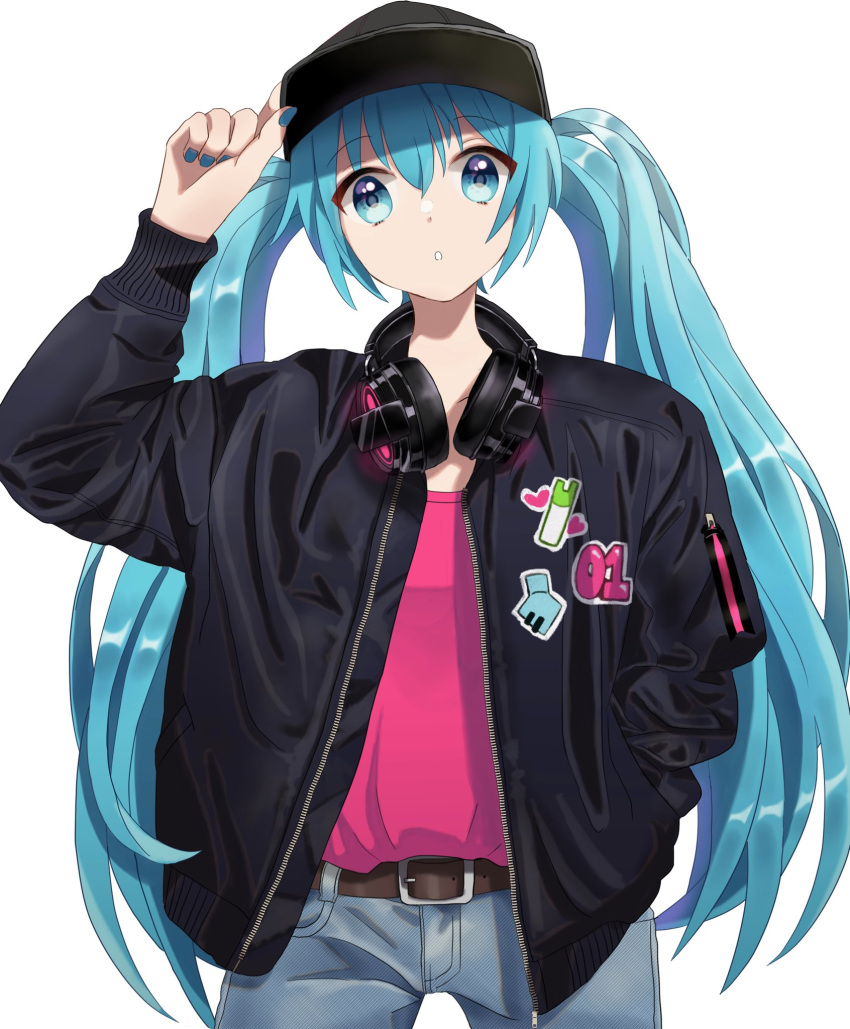 1girl bangs baseball_cap belt belt_buckle black_cardigan black_headwear blue_eyes blue_hair blue_nails blue_pants brown_belt buckle cardigan collarbone denim eyebrows_visible_through_hair floating_hair hair_between_eyes hand_in_pocket hat hatsune_miku headphones headphones_around_neck highres long_hair long_sleeves looking_at_viewer macha_3939 nail_polish open_cardigan open_clothes pants parted_lips red_shirt shiny shiny_hair shirt simple_background solo standing very_long_hair vocaloid white_background