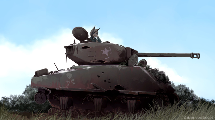 1girl animal_ears artist_name blue_eyes cat_ears caterpillar_tracks clouds commentary_request day dead-robot english_commentary english_text grass ground_vehicle m4_sherman military military_uniform military_vehicle motor_vehicle original scenery short_hair sky smile solo star_(symbol) tank tree uniform