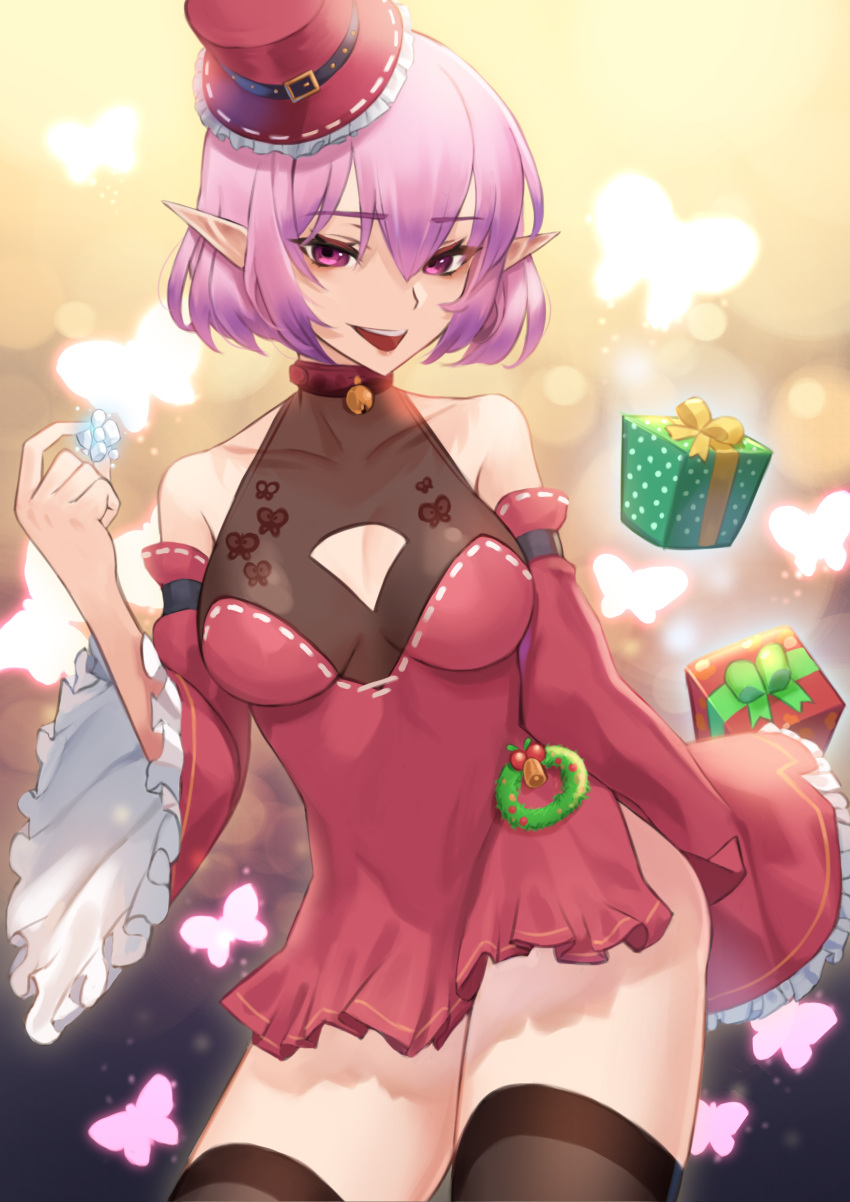 1girl absurdres bare_shoulders bell bell_choker black_legwear box breasts choker dress eyebrows_visible_through_hair gift gift_box highres holding looking_at_viewer lordol lucid_(maplestory) maplestory merry_christmas open_mouth pointy_ears purple_hair red_dress short_hair simple_background solo standing thigh-highs violet_eyes