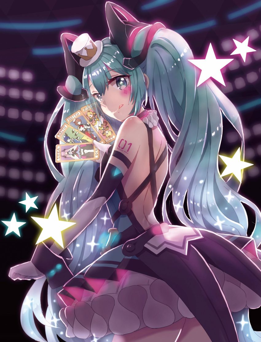 1girl :q backless_dress backless_outfit blue_hair blurry blurry_background card character_name closed_mouth cowboy_shot dress elbow_gloves facial_mark floating_hair gloves hat hatsune_miku highres holding holding_card kagamine_rin kaito long_hair macha_3939 magical_mirai_(vocaloid) megurine_luka meiko mini_hat shiny shiny_hair smile solo standing tongue tongue_out twintails very_long_hair white_gloves white_headwear