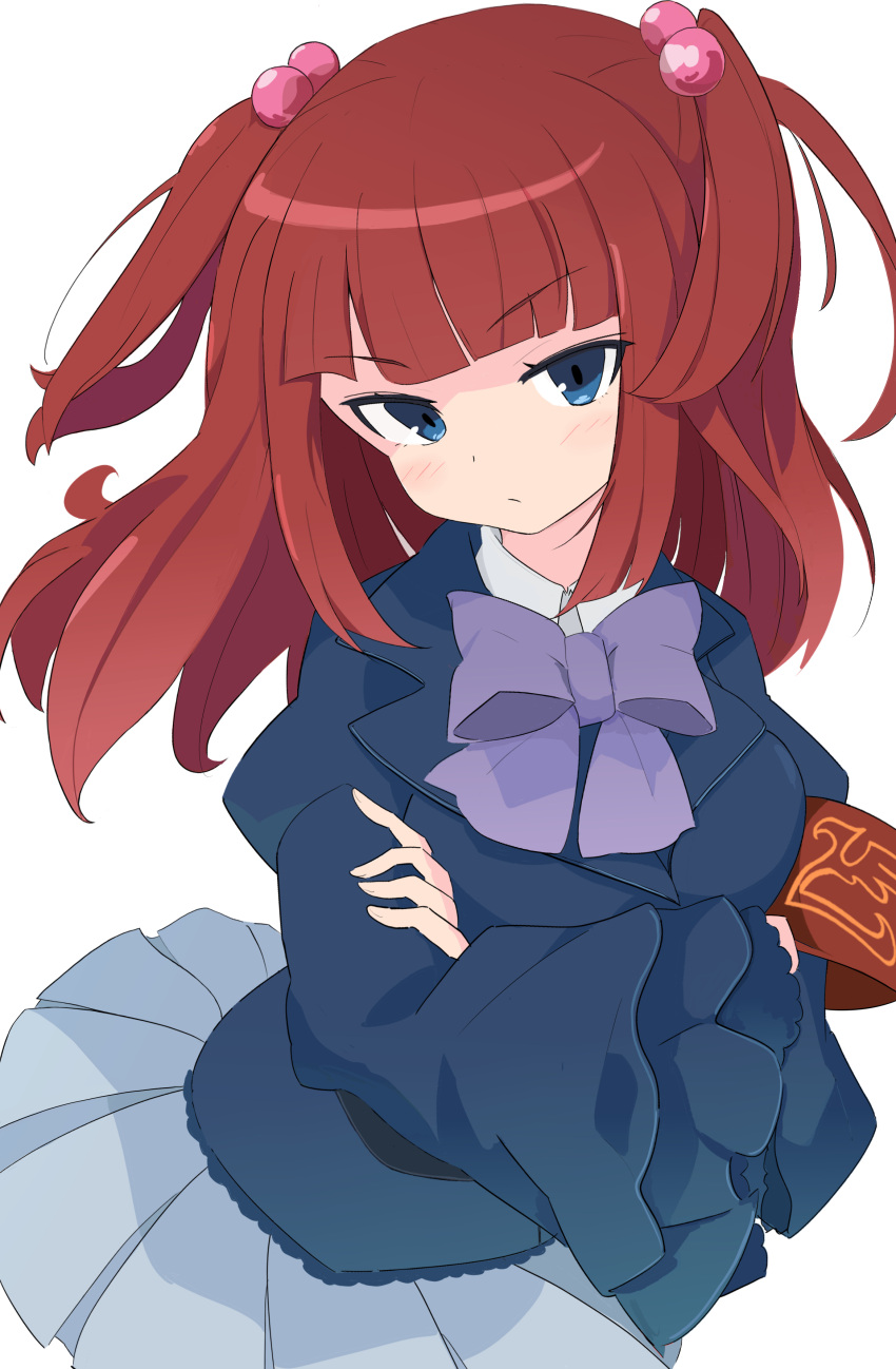 1girl absurdres armband bangs blue_eyes blue_jacket blue_skirt blunt_bangs blush bow bowtie commentary crossed_arms dot_nose eyebrows_visible_through_hair frown glaring hair_bobbles hair_ornament highres jacket long_sleeves looking_to_the_side medium_hair memoi pleated_skirt purple_neckwear red_armband redhead simple_background skirt solo two_side_up umineko_no_naku_koro_ni ushiromiya_ange white_background