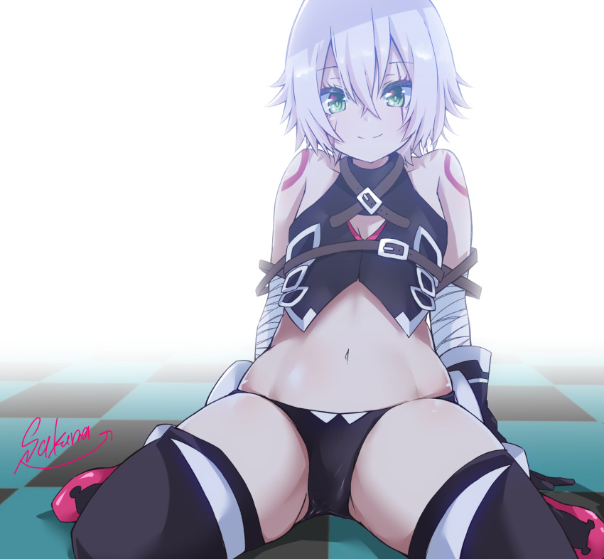 1girl arm_belt bandaged_arm bandages bare_shoulders belt belt_buckle black_legwear black_panties black_shirt brown_belt buckle collarbone eyebrows_visible_through_hair fate/apocrypha fate/grand_order fate_(series) flat_chest green_eyes grey_hair hair_between_eyes highres jack_the_ripper_(fate/apocrypha) navel panties scar scar_across_eye scar_on_cheek scar_on_face shirt short_hair shoulder_tattoo simple_background sitting sleeveless sleeveless_shirt smile solo tattoo thigh-highs underwear wariza white_background wide_hips yanagiba_sakana yellow_eyes