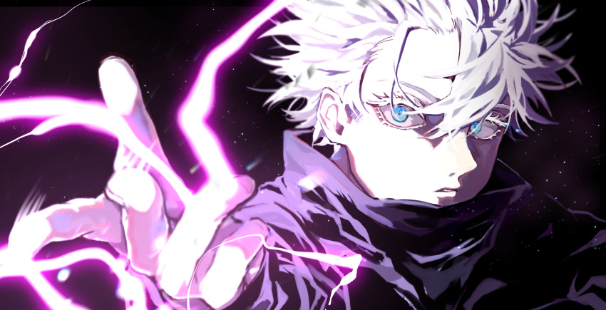 1boy attack bangs black_background black_jacket blue_eyes electricity eyelashes gojou_satoru hair_between_eyes hand_up high_collar highres jacket jujutsu_kaisen light_particles long_sleeves looking_away magic male_focus oto_toki short_hair solo upper_body white_hair