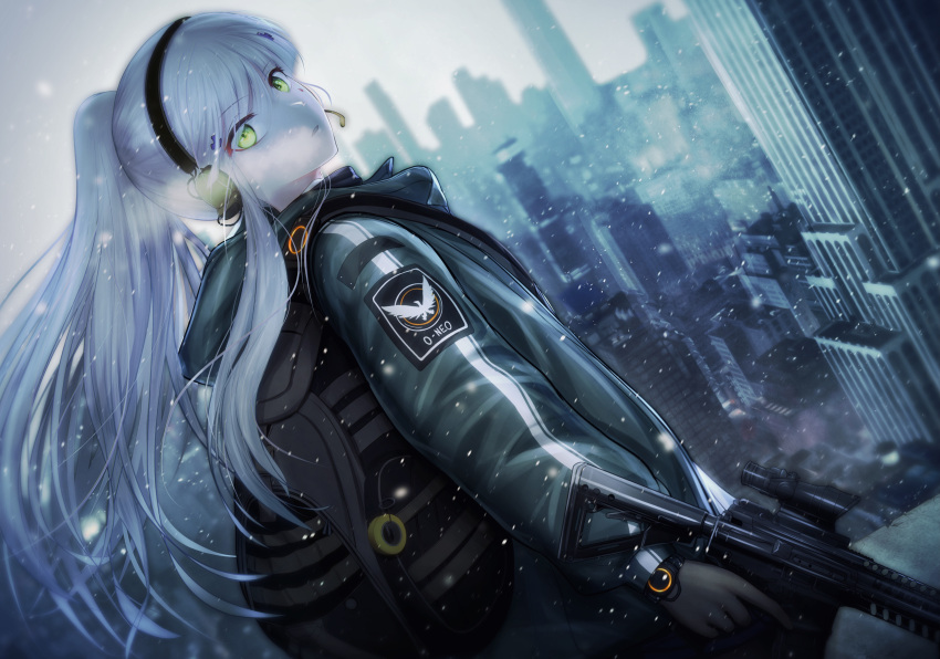 absurdres agent_416_(girls_frontline) assault_rifle backpack bag bangs black_gloves blurry building depth_of_field eyebrows_visible_through_hair facial_mark from_side girls_frontline gloves green_eyes green_jacket guchagucha gun h&amp;k_hk416 hair_ornament headphones highres hk416_(girls_frontline) holding holding_gun holding_weapon jacket logo long_hair long_sleeves looking_at_viewer outdoors parted_lips ponytail rifle silver_hair snow teardrop tom_clancy's_the_division upper_body watch weapon