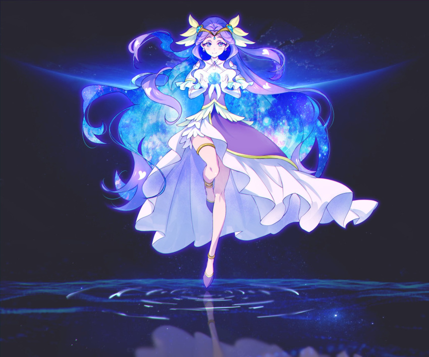 1girl blue_eyes circlet cure_earth dress elbow_gloves floating_hair full_body gloves hair_intakes healin'_good_precure highres kyoutsuugengo layered_dress long_hair precure pumps purple_dress purple_footwear purple_hair shiny shiny_hair solo standing standing_on_one_leg thighlet very_long_hair water_surface white_gloves