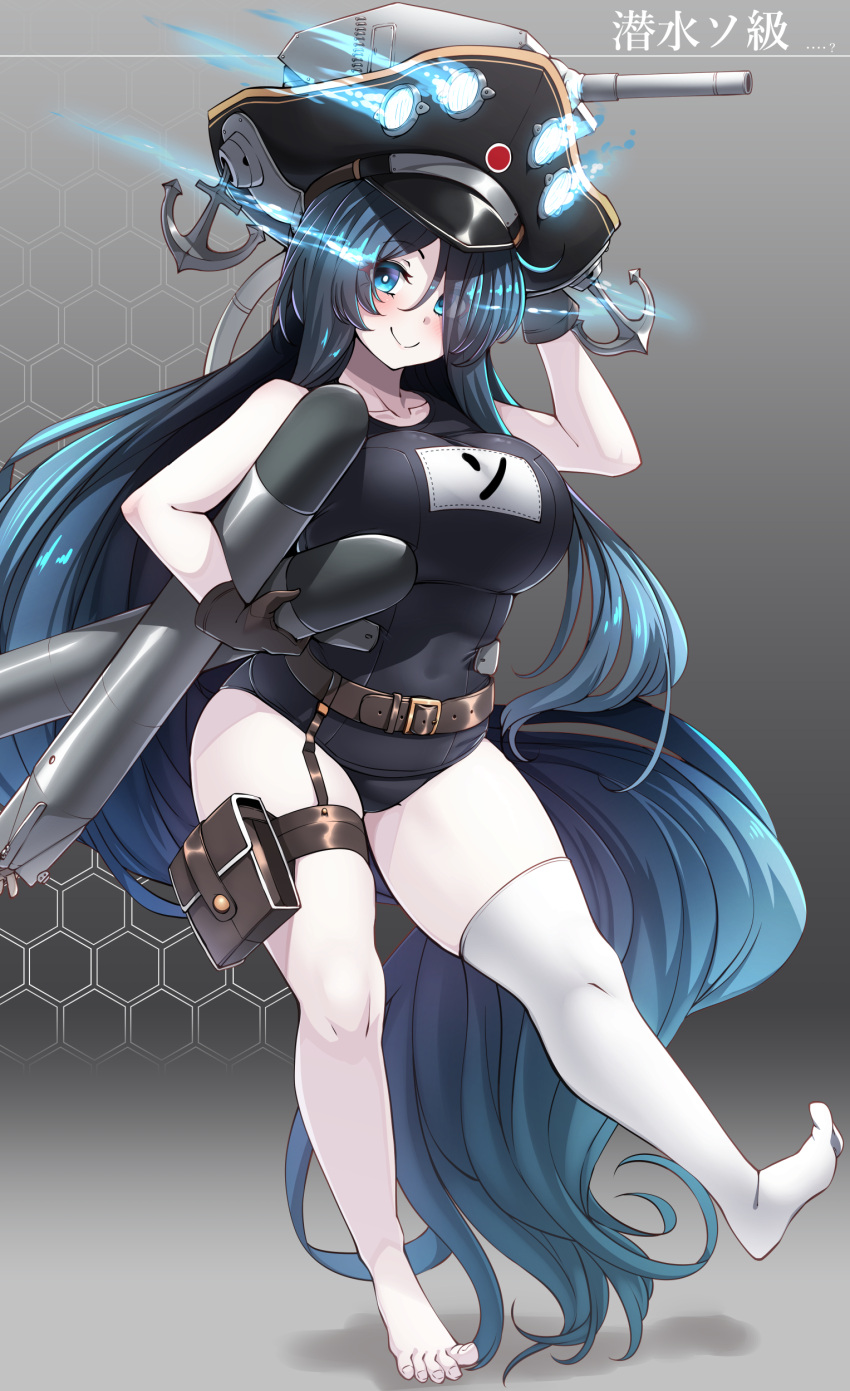 1girl absurdly_long_hair absurdres abyssal_ship anchor arm_up belt belt_pouch black_gloves black_hair blue_eyes blush breasts commentary_request covered_navel eyebrows_visible_through_hair gloves glowing glowing_eyes hat highres holding holding_torpedo ka-class_submarine kantai_collection konoshige_(ryuun) large_breasts long_hair looking_at_viewer name_tag pale_skin pouch simple_background single_thighhigh smile solo thigh-highs thigh_strap torpedo turret very_long_hair white_legwear